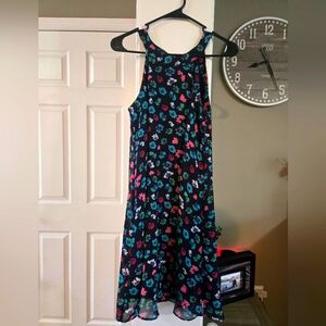 BETSEY JOHNSON Blue Floral Print Shift Dress with High Collar Sleeveless
